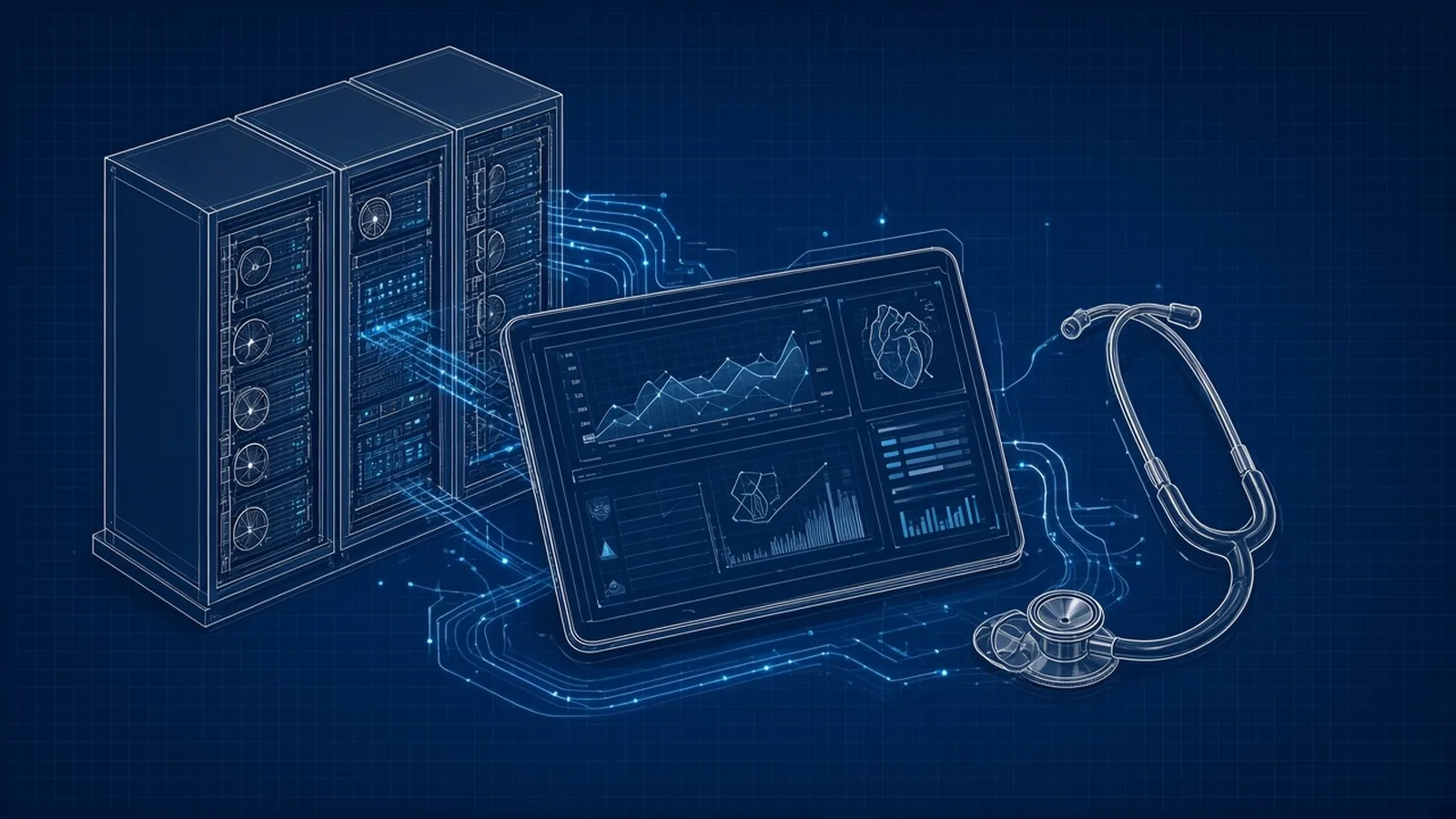 Healthcare Tech exit planning: blueprint-style illustration for healthcare technology company exit planning