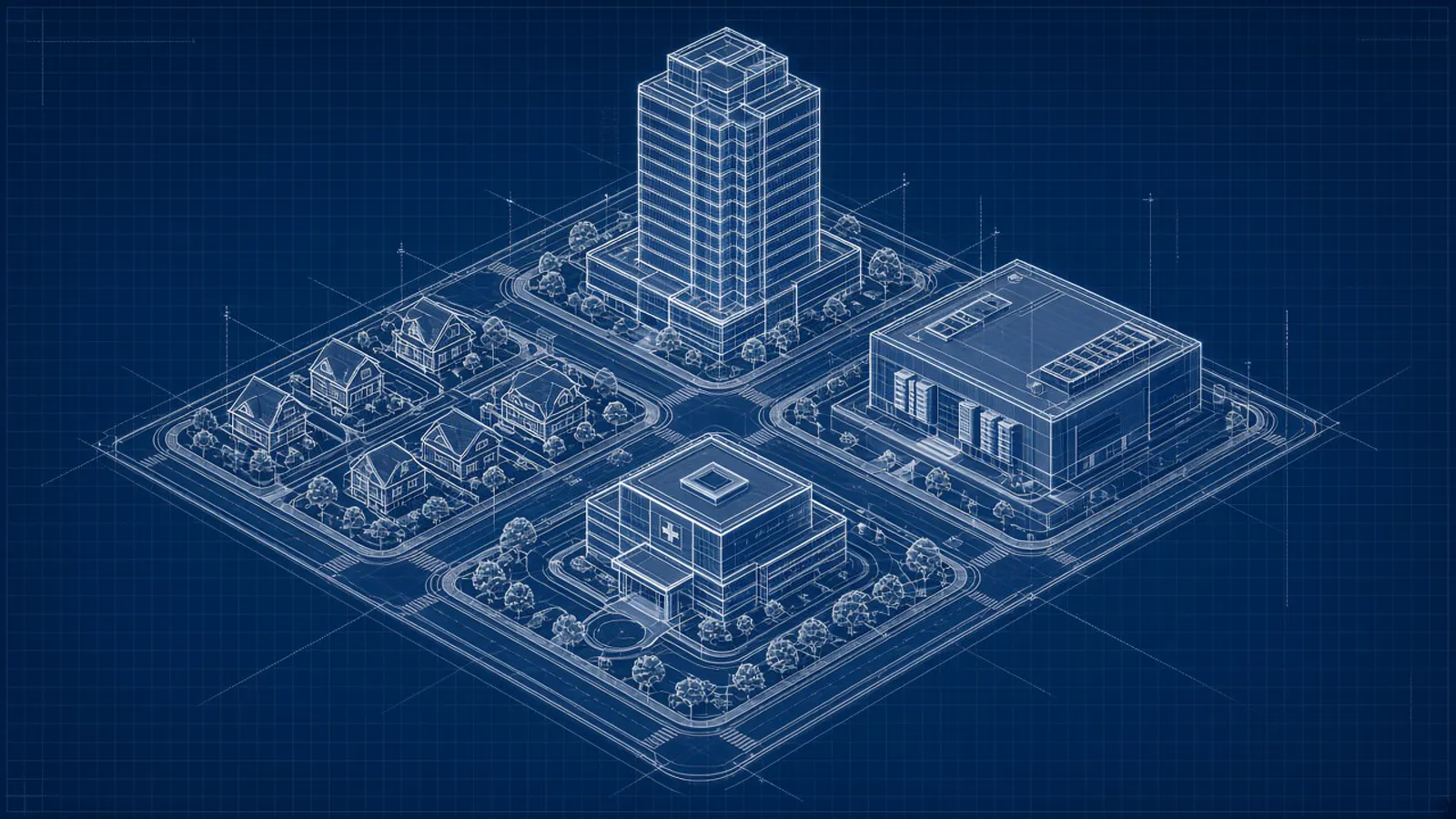 Exit planning by industry: blueprint illustration of home services, medical, office and data center buildings