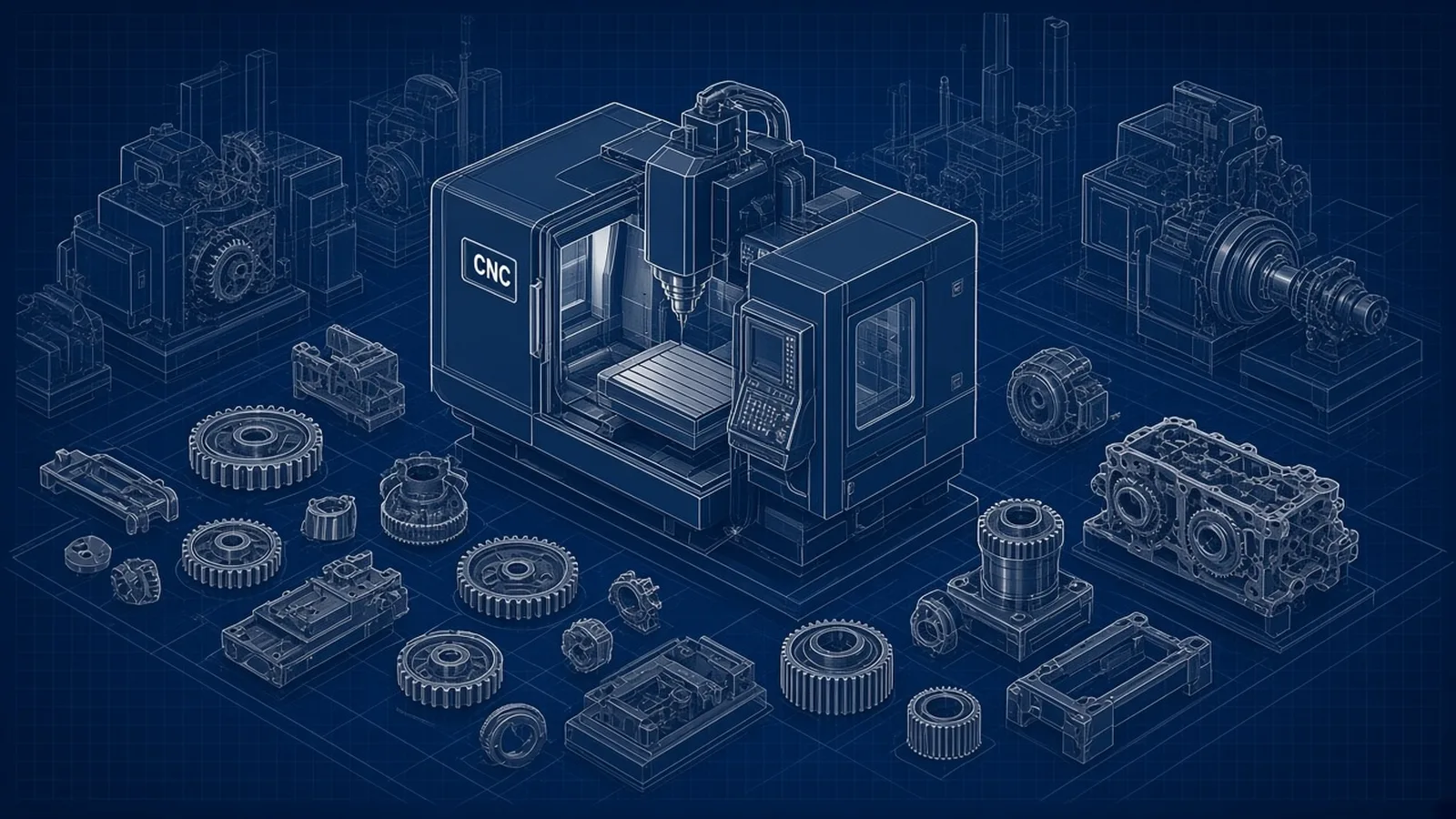 Manufacturing (Specialty & Contract) exit planning: blueprint-style illustration for manufacturing business exit planning